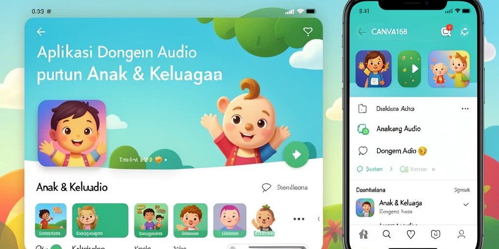 Tampilan antarmuka aplikasi CANVA168 untuk Dongeng Audio yang menarik.